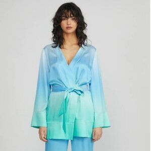 NEW Washable Mulberry Silk Ombre Tie Front Cardigan-Robe, Blue/Aqua, XS, S, Lg